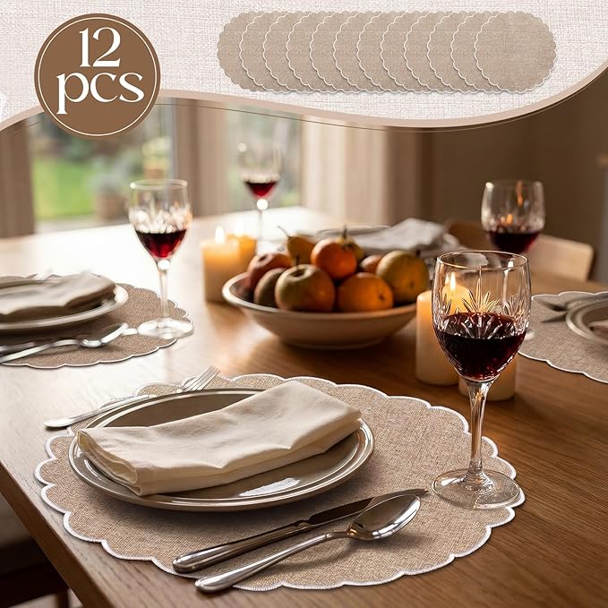 Set of 12 Beige Cotton Placemats 15 Inch Round Scalloped Embroidery Placemats Washable Double Layered Rustic Table Mat Fabric Napkins for Wedding Table Decor
