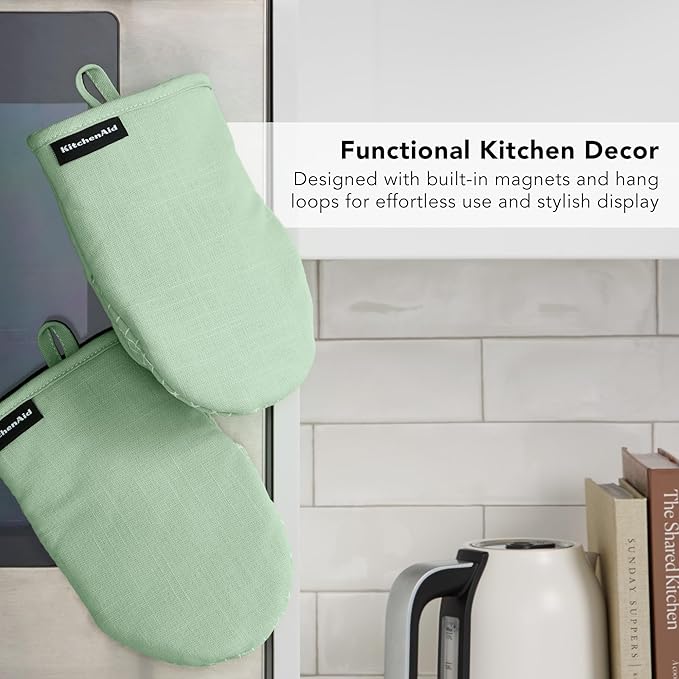 KITCHENAID Gourmet Series Gridlines Mini Oven Mitts 2-Pack Set, Heat Resistant up to 600°F, Soft Silicone Grip, Magnetic Cuff, Pistachio Green, 5.5"x9"