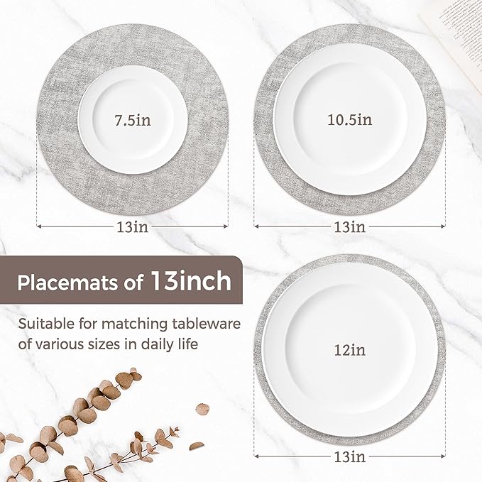 13" Round Placemats Set of 4, Reversible Faux Leather Heat Resistant Table Mats, Waterproof Oilproof Wipeable Table Protective Placemats for Vinyl, Washable for Indoor & Outdoor Use (4, Light Grey)