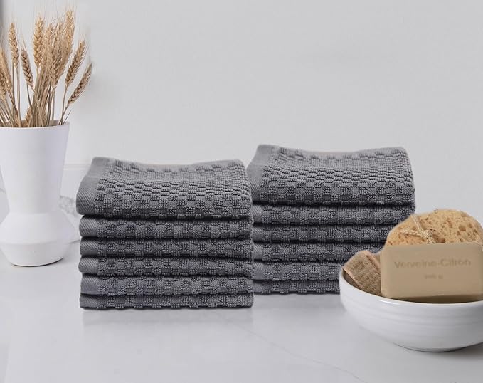 COTTON CRAFT Euro Spa Waffle Wash Cloth - Set of 12 Luxury Pure Ringspun Cotton Waffle Weave Bathroom Face Towel - Everyday Absorbent Hotel Gym Shower Beach Kitchen Travel Dorm - 12x12 inches - Grey