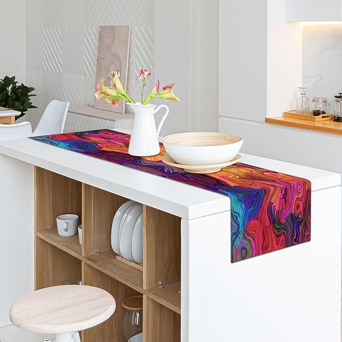 Abstract Table Runner 13x71 Inch Colorful Chaotic Waves Table Runners Table Decorations Rustic Coffee Table Runner for Home Kitchen Dining Room Party (Red & Purple71)