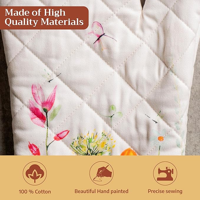 Maison d'Hermine Oven Gloves 100% Cotton Oven Mitt 7" x 13" with Loop Heat Resistant BBQ Cooking Gloves Baking Grilling Gifts for Mothers Day Spring/Summer (Pack of 1, Botanical Fresh)