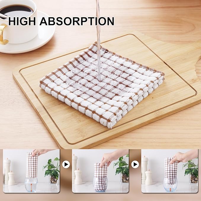 Kitinjoy Cotton 12 Pack Terry Kitchen Dish Cloths, 12 x 12 Inches Super Soft and Absorbent Dish Rags, Quick Drying Dish Towels for Washing Dishes, Brown