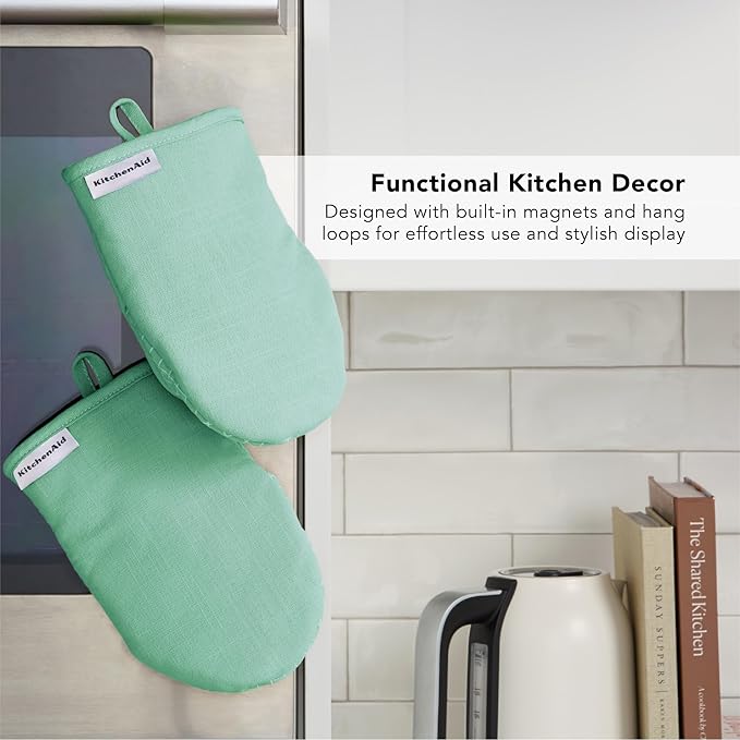 KITCHENAID Gourmet Series Gridlines Mini Oven Mitts 2-Pack Set, Heat Resistant up to 600°F, Soft Silicone Grip, Magnetic Cuff, Color of The Year, Spearmint, 5.5"x9"