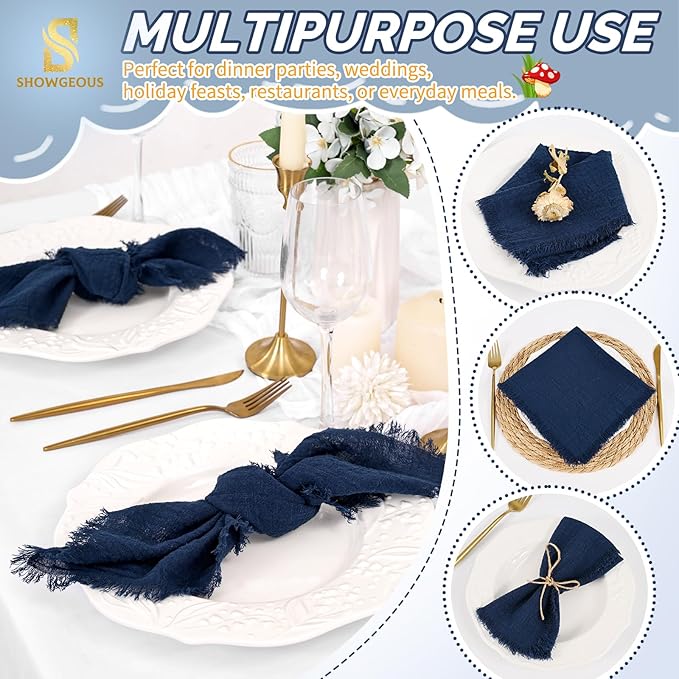 Showgeous 60 Pack Navy Blue Cloth Napkins with Fringe 16x16 inch 100% Cotton Blue Napkins Handmade Dinner Napkins Bulk Washable Soft Rustic Table Napkins for Wedding Parties Bridal Baby Shower
