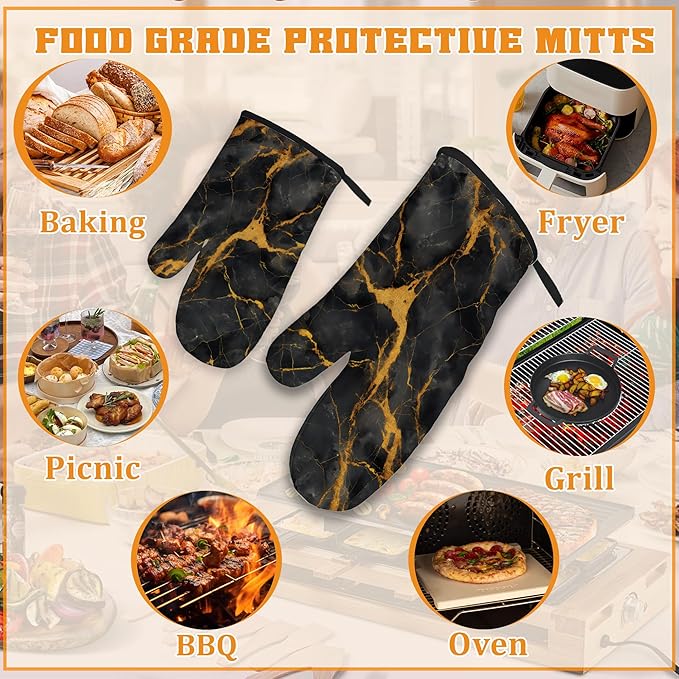 Marble Oven Mitts and Pot Holders Set,Black Gold Marble Kitchen Decor Heat Resistant Non Slip Hot Pads and Oven Mitt for Chef Cooking Baking BBQ Mom Girl Gifts(4 Piece Set)