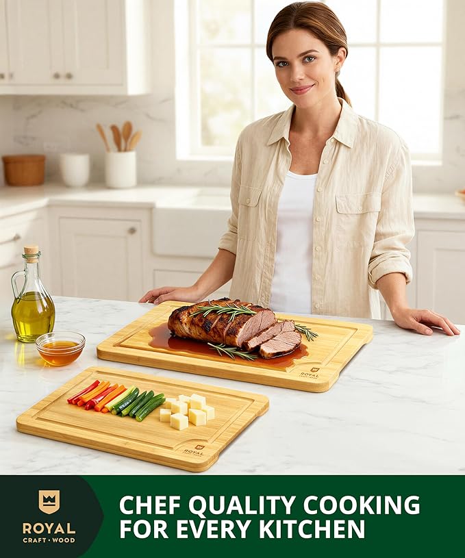 ROYAL CRAFT WOOD Wooden Cutting Boards for Kitchen Meal Prep & Serving - Bamboo Wood Serving Board Set with Deep Juice Groove Side Handles - Charcuterie & Chopping Butcher Block for Meat