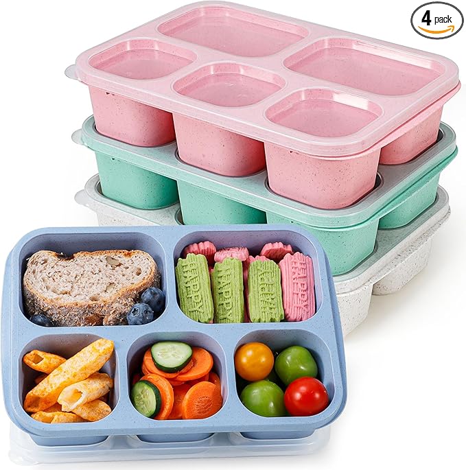 Caperci Wheat Straw Bento Snack Box Containers for Adults & Kids - Reusable Adult Lunchable Food Storage Containers with 5-Compartment for Snacks & Meals, BPA-Free, 4-Pack (Multicolor & Clear Lids)