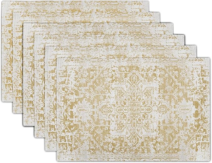 aportt Gray Tan Boho Placemats Set of 6 Ethnic Bohemian Carpet Place Mats Washable Kitchen Dining Vintage Grey Geography Floral Linen Table Mats Stain Heat-Resistant for Home Party Indoor 12x18 in