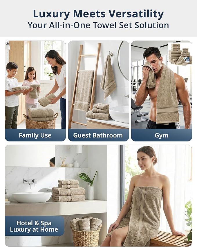 LANE LINEN Luxury Bath Towels Set - 6 Piece 100% CottonBathroom Zero Twist Shower Extra Absorbent Towel Super Soft 2 Hand Wash Cloths Taupe