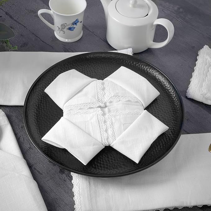 FINGERCRAFT Dinner Cloth Napkin Cotton Linen 12 Pack Vintage Rustic Premium Quality Mitered Corners Napkin Cloth with Elegant Lace for Everyday Use Pre Shrunk and Good Absorbency 20x20 in White