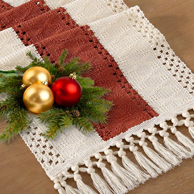 Socomi Boho Table Runner Macrame Easter Spring Farmhouse Woven Cotton Linen Rustic Table Runner with Tassels for Dresser Scarf Home Decor Dining Room 12x90 inch Terracotta Ivory