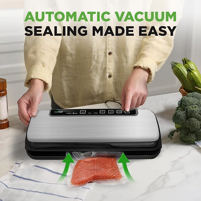 NutriChef Food Vacuum Sealer Machine, 110W Stainless Steel Automatic Chamber Vacuum Sealer with LED Touch Controls, For Food Storage, 5 Reusable Vacuum Bags, Hose & Wine Stopper, 14" x 6" x 3"