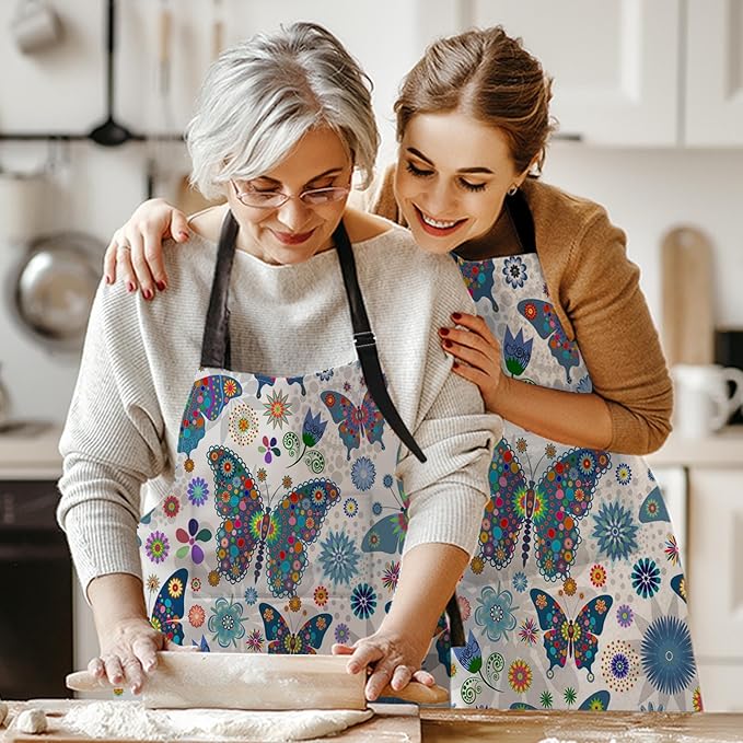 Britimes Butterfly Apron Floral Colorful Butterflies Flowers Aprons Kitchen Cooking Gardening for Women With Pockets