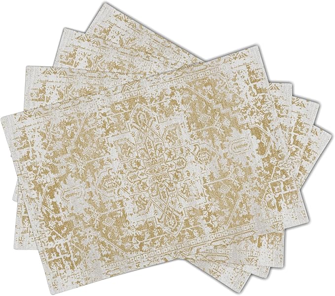 aportt Gray Tan Boho Placemats Set of 4 Ethnic Bohemian Carpet Place Mats Washable Kitchen Dining Vintage Grey Geography Floral Linen Table Mats Stain Heat-Resistant for Home Party Indoor 12x18 in