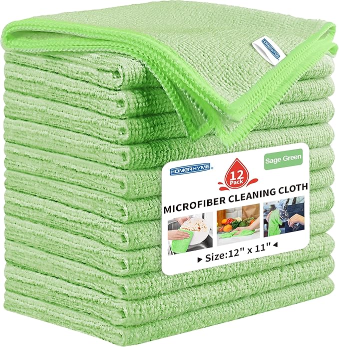 Microfiber Cleaning Cloth, 12 Pack Green Cleaning Rags,12" X 11" Lint Free Dish Towels Wash Cloths, Reusable Microfiber Towels for Home and Kitchen Bathroom Apartment Cleaning Supplies