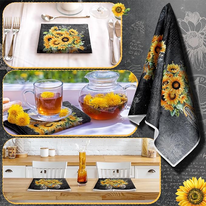 Bencailor 6 Pcs Black Sunflower Kitchen Towels Decorative Sets Dish Towels Absorbent Fast Drying Hand Tea Vintage Hanging Reusable Cleaning Dishcloths for Cooking Farmhouse Bathroom Accessory