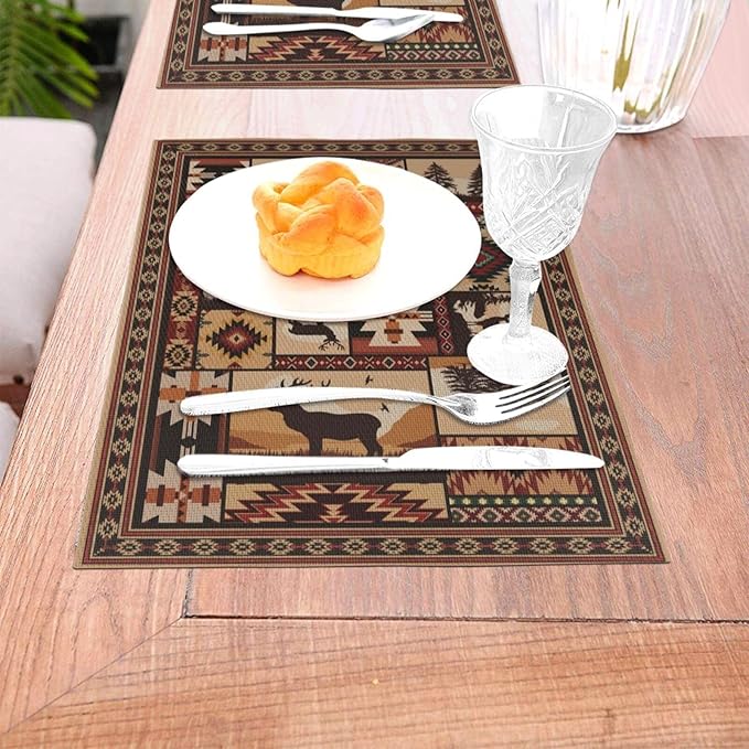 Rustic Brown Wildlife and Tribal Pattern Linen Placemats Set of 4, Heat Resistant Cute Bear Deer Table Mats for Dining Table Kitchen Party Cabin, Vintage Home Decor & Gifts for Outdoor Nature Lovers