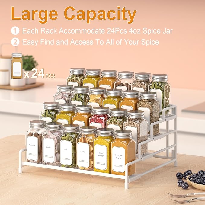 RUILALIFE 4-Tier-Spice-Rack-Organizer-for-Cabinet, Adjustable Depth Spice Holder Shelf For Countertop Pantry Cupboard, Metal Tiered Seasoning Organizer,Display Shelf Riser (White-2 Pack)