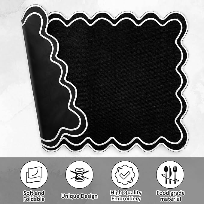 Whaline Black White Linen Placemats Embroidered Scalloped Kitchen Place Mats for Birthday Party Home Dining Table Decor, Set of 6, 13 x 19 in