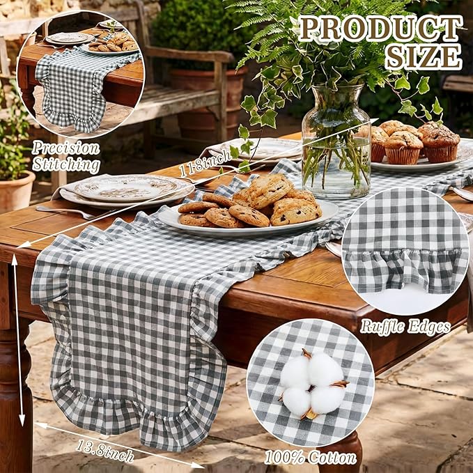 HunnmingRe 1 Pcs Light Grey Plaid Gingham Ruffle Table Runner 118 x 13.8'' Farmhouse Table Runner 100% Cotton Scalloped Long Dresser Scarves for Dining Room, Wedding, Kitchen Rustic Home Decor