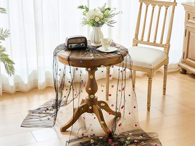 YATOJUZI Black Table Runner Embroidery Daisy Summer Floral Decorations Seasonal Tulle Dining Table Runners for Home Kitchen Decor Wedding Shower Party