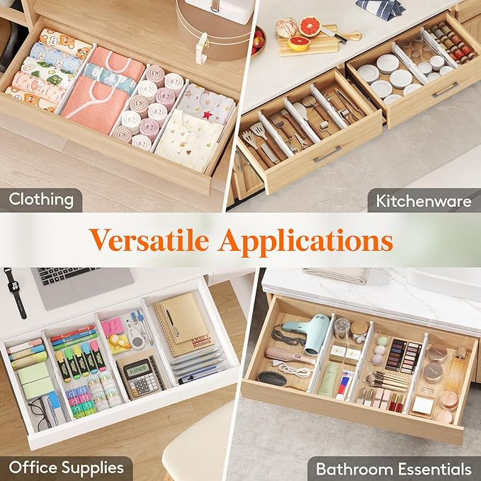 Lifewit 4" Tall 14 Pack Drawer Dividers, 27-42cm/10.5-16.5" Expandable Drawer Divider for Clothes, Adjustable Dresser Drawer Organizers, Drawers Separators for Dresser/Bathroom/Closet/Kitchen White
