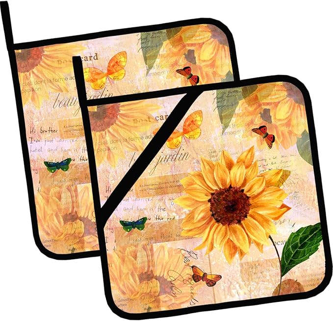Sunflower Floral Pot Holders Set of 2,Kitchen Heat Resistant Potholder for Microwave Cooking Baking Oven and BBQ
