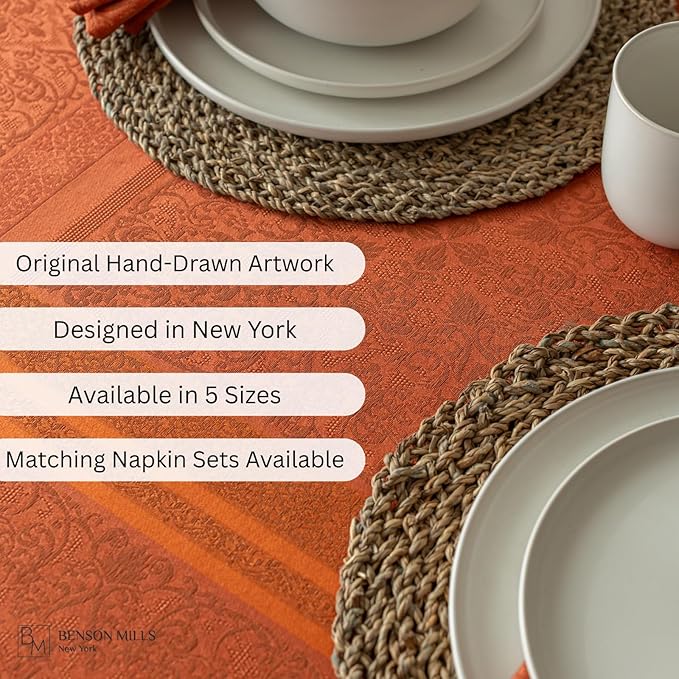 Benson Mills Ravenna Yarn Dyed Jacquard Heavyweight Fabric Table Cloth, Everyday, Parties, Weddings, Holiday, Fall and Thanksgiving Tablecloth (70" Round, Bison/Rust)