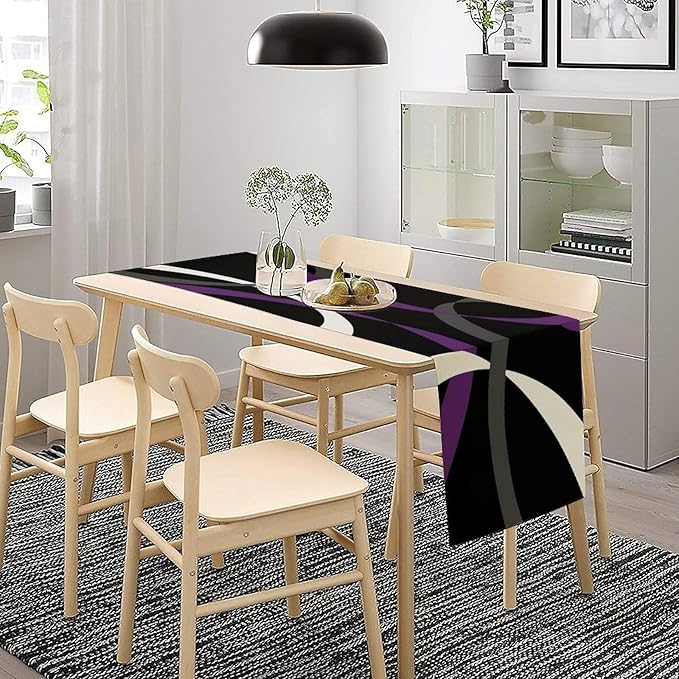 Abstract Geometric Table Runner Purple Grey White Striped Black Background Modern Kitchen Dinner Runner for Indoor Home Living Room Party Dining Table Decoration 13"x60"