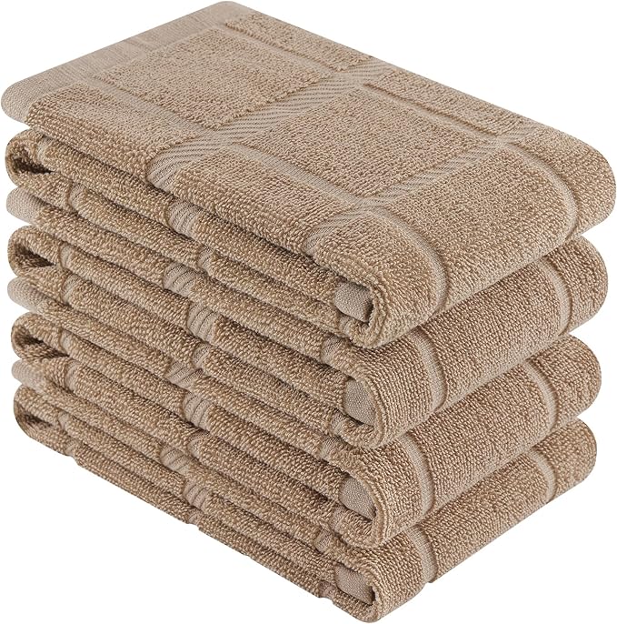 Homaxy Premium Kitchen Towels 18"x28", 4 Pack Large Cotton 380 GSM Dish Towels, Soft and Absorbent Kitchen Hand Towels with Terry Grid Design, Utility Tea Towel Set with Hanging Loop, Khaki