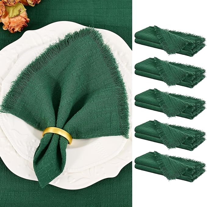 Showgeous 10 Pack Emerald Green Cloth Napkins with Fringe 16x16 inch 100% Cotton Green Napkins Handmade Dinner Napkins Bulk Washable Soft Rustic Table Napkins for Wedding Parties Bridal Baby Shower