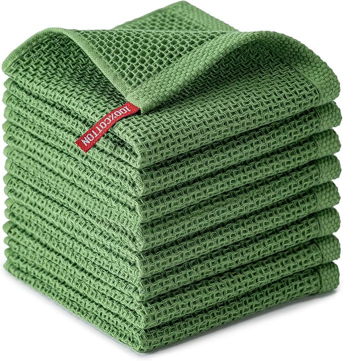 BOOMIBOO 8-Pack Kitchen Dish Cloths, 100% Cotton Waffle Weave, Ultra Soft Absorbent, Quick Drying Dish Towels, 12x12 Inches,Grass Green