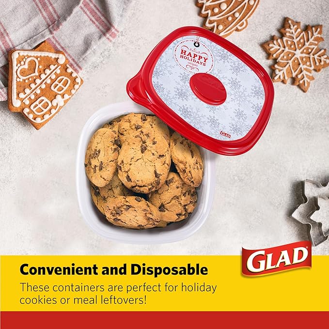 Glad GladWare Holiday Food Storage Containers with Reversible Gift Tags, Large Square BPA Free Plastic for Holiday Cookies and Gifting, Microwave Freezer Dishwasher Safe, 42 Oz, 3 Count