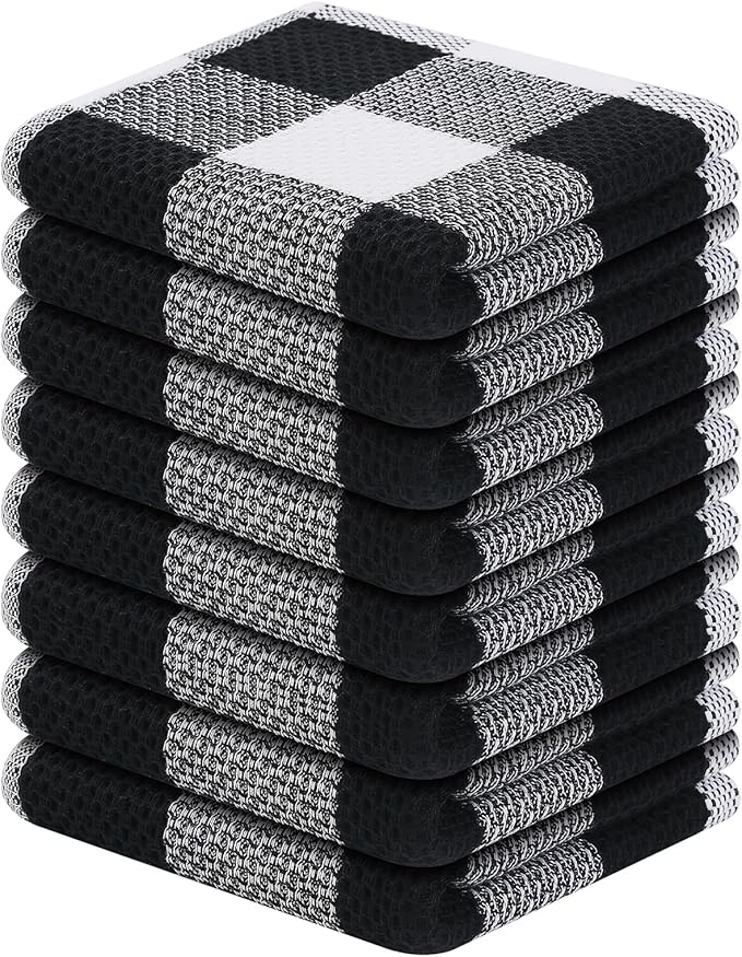 Homaxy 100% Cotton Waffle Weave Check Plaid Dish Cloths, 12 x 12 Inches, Super Soft and Absorbent Dish Towels Quick Drying Dish Rags, 8-Pack, White & Black