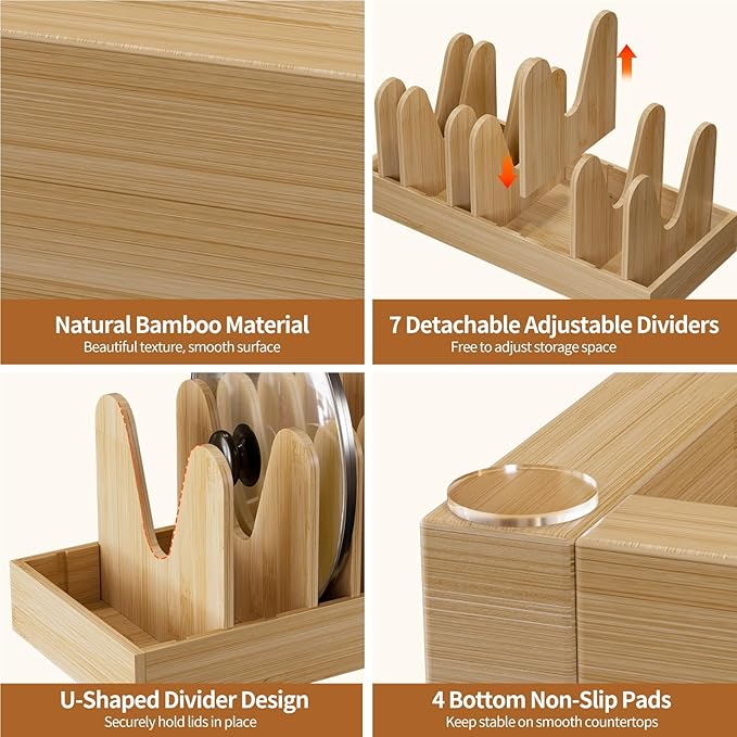 Housolution Bamboo Pot and Pan Organizer for Cabinet, Pot Lid Organizer with 7 Adjustable Dividers, Pan Holder Storage Rack with Solid Bamboo Wooden Base