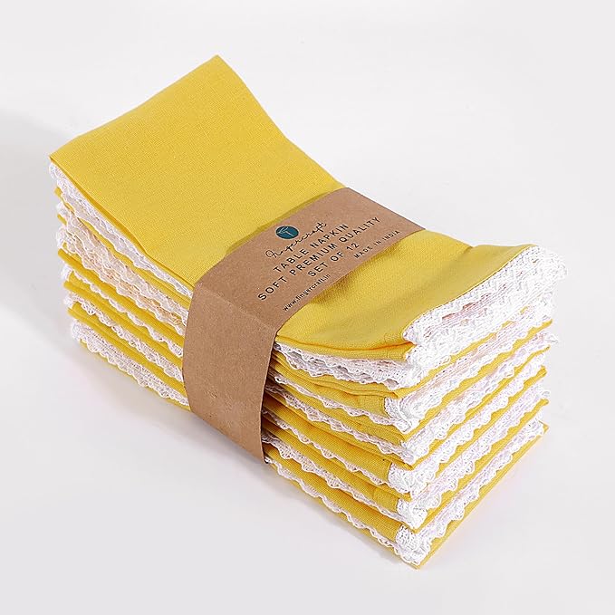 FINGERCRAFT Dinner Cloth Napkin Cotton Linen Blend 4 Pack Mitered Corners with Elegant Lace for Everyday Use Napkins are Pre Shrunk and Good Absorbency Lemon Easter Color