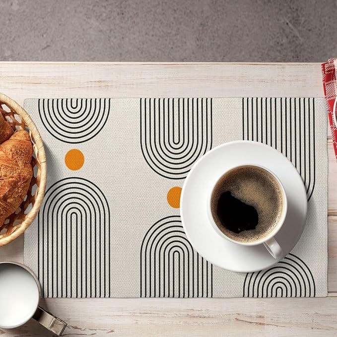 Boho Mid Century Placemats 12x18 Inch Set of 4, Abstract Simple Sun Arch Pattern Table Place Mat Boho Modern Yellow Spot Washable Table Mats Decorative Linen Fabric Table Mat for Dining Table