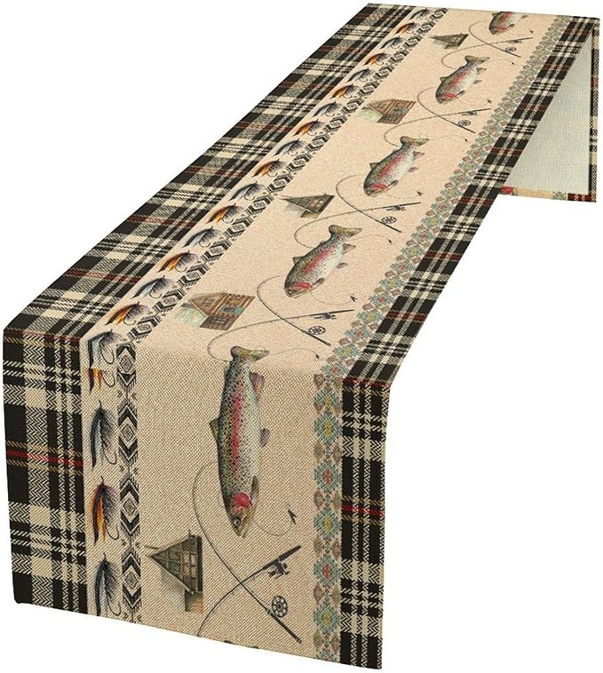 Vintage Fishing Table Runner Rustic Cabin Rods Lure Southwestern Check Art Printed Dinner Runner for Home Kitchen Dining Table Decor Fabric 1 Panel W13xL70in