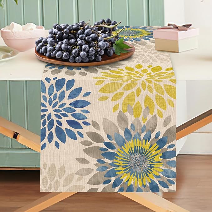 Geometric Dahlia Flower Dining Table Runner, Blue Yellow Floral Modern Art Burlap Kitchen Decoration, Spring Summer Farmhouse Indoor Outdoor Home Decor Party Supply 13 x 36 Inches