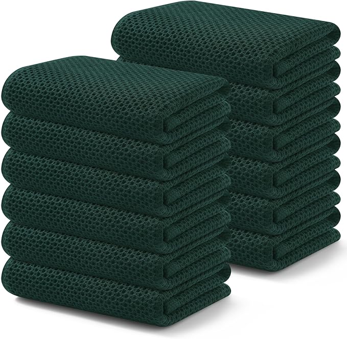 Kitinjoy 100% Cotton Waffle Weave Kitchen Hand Towels (13 X 28 Inches, Blackish Green), 12-Pack Super Soft and Absorbent Dish Towel for Drying Dishes