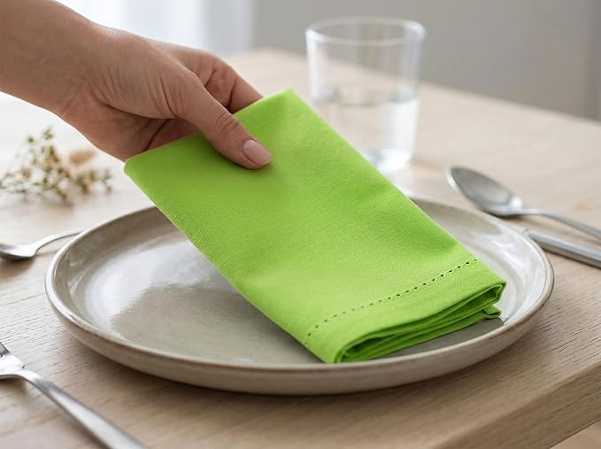 PurpleEssences Set of 6 Hemstitch Cloth Dinner Napkins 100% Cotton - Soft Durable Washable - Ideal for Wedding Spring Easter Summer - Perfect Everyday Use Table Linen 18x18 - Apple Green