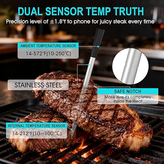 Wireless Meat Thermometer Bluetooth Digital, Smart Meat Thermometer Digital with IP67 Waterproof Probe ±1.8°F Accuracy, Rechargeable Thermometer for Grill, Smoker & BBQ