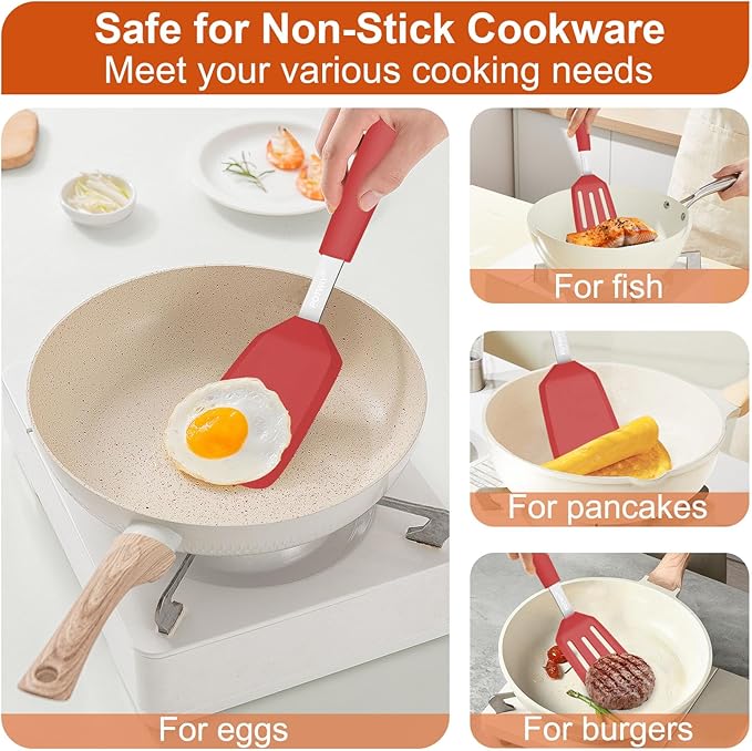 2 Pack Silicone Spatula Set, 600°F Heat Resistant Kitchen Spatula, BPA Free Solid & Slotted Turner, Flexible Cooking Utensils for Non Stick Frying Pan, Flipper for Eggs and Pancakes (Red)