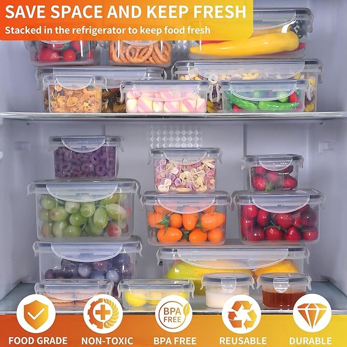 40 PCS Plastic Food Storage Containers with Lids Airtight, BPA-Free Leakproof Meal Prep Containers Reusable,Microwave & Dishwasher & Freezer Safe,Includes Labels & Pen
