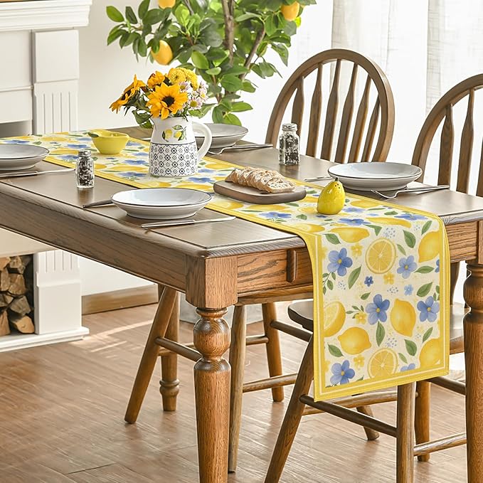 Artoid Mode Lemon Flowers 210 GSM Summer Table Runner, Seasonal Spring Kitchen Dining Table Decoration for Home Party Decor 13x72 Inch