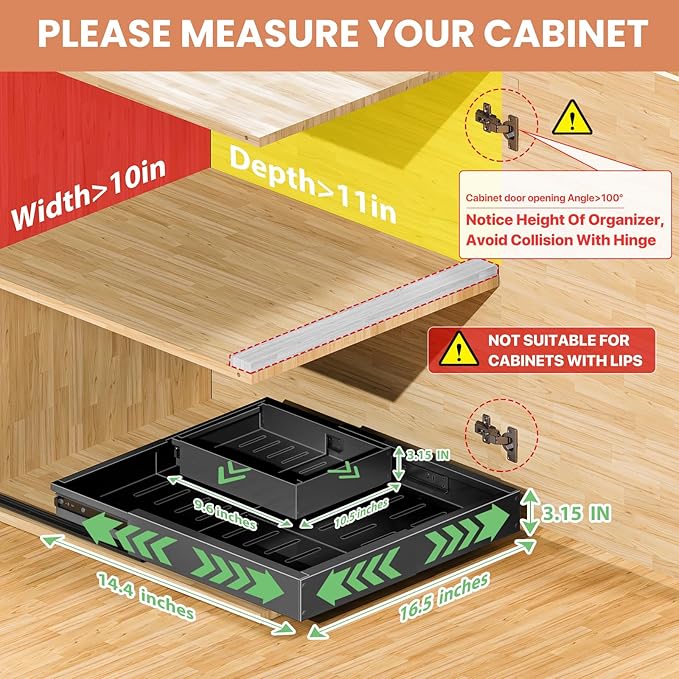 2 Pack Pull out Cabinet Organizer, Width (10"-15") Depth (11"-17"), with 3 Rails Adjustable Slide, Expandable Drawers for Cabinets, No Drill Adhesive Kitchen Drawers for Pantry Shelves black