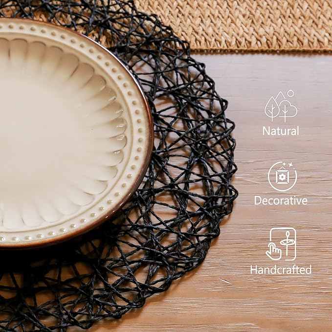 AHHFSMEI Paper Braided Round Placemats Set of 6 Natural Non-Slip Heat Resistant Table Mats for Dining Tables Woven Indoor & Outdoor Place mats(Black)