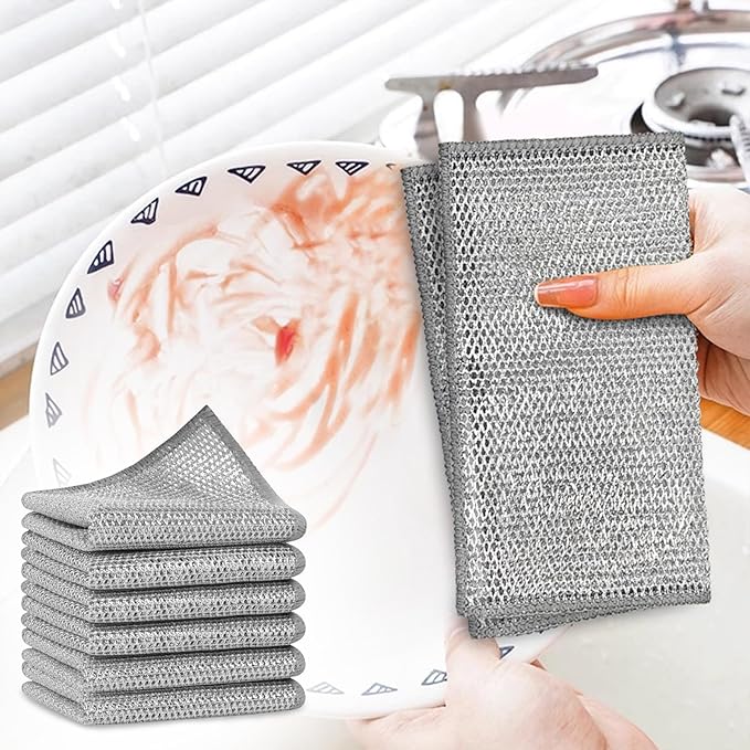 Double-Layer Steel Wire Cleaning Cloth - Non-Scratch Wire Dishcloth Rag Heavy Duty Scrub Pads Multi-Purpose Silver Mesh Scouring Pads for Dishes, Pots, Pans (20)