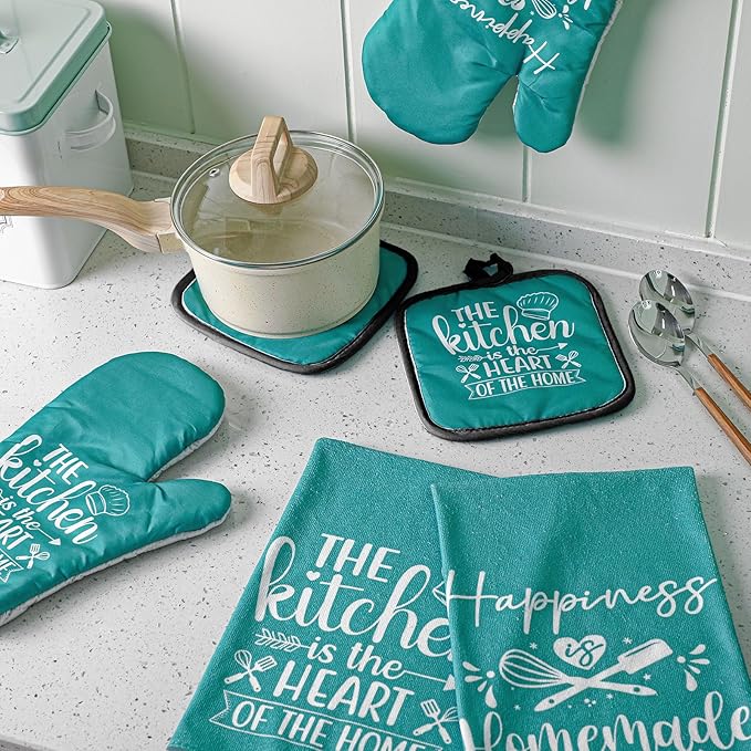 Sratte 6 Pcs Kitchen Decor Accessories Set Farmhouse Towels Pot Holders Oven Mitts Set 2 Dish Towels 2 Potholders 2 Cooking Mittens Oven Glove for Christmas Baking Cooking Supply(Teal,Kitchen)